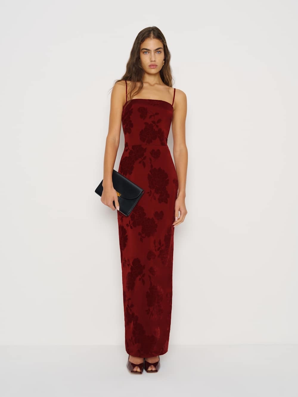 Reformation Burgundy Floral Velvet Maxi Dress